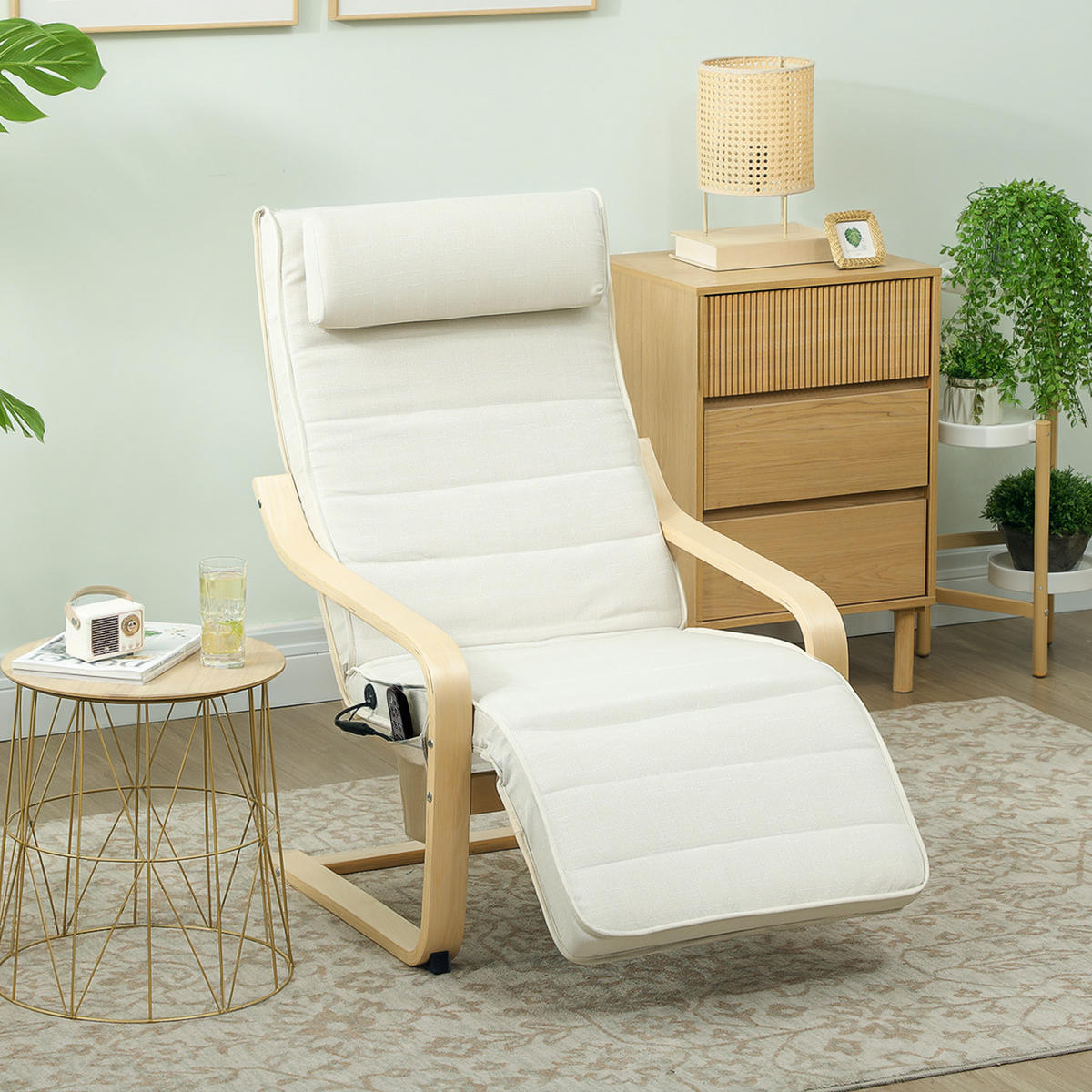 RELAXSESSEL DE-13284 Massagefunktion & beheizbare Lordosenstütze Creme - Weiß, Holz (67/101/95cm) - ComfortXL