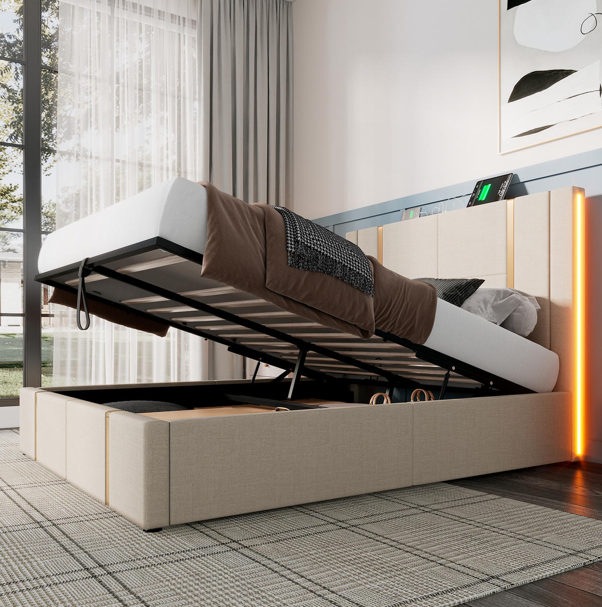 ČALÚNENÁ posteľ 160/200 cm, ľan béžová, s LED, USB-C, úložným priestorom a matracom - béžová, textil (160/200cm) - BEAOK