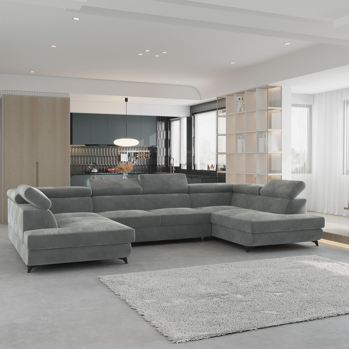 WOHNLANDSCHAFT VINTESSA Grau Velours-Stoff mit Schlaffunktion - Grau, Holz (323/89/190cm) - MASSENO