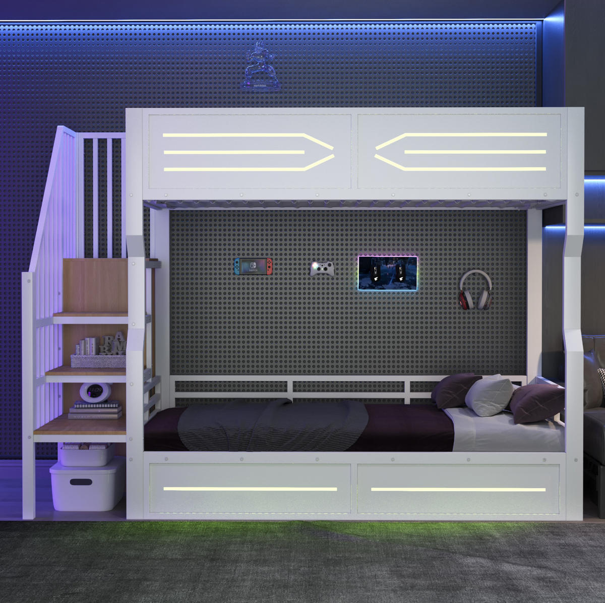 ETAGENBETT 90/200 cm mit LED-Beleuchtung, Stauraumtreppe und Sicherheitsgitter, MDF und Metall, Weiß - Weiß, Holzwerkstoff (90/200cm) - Redom