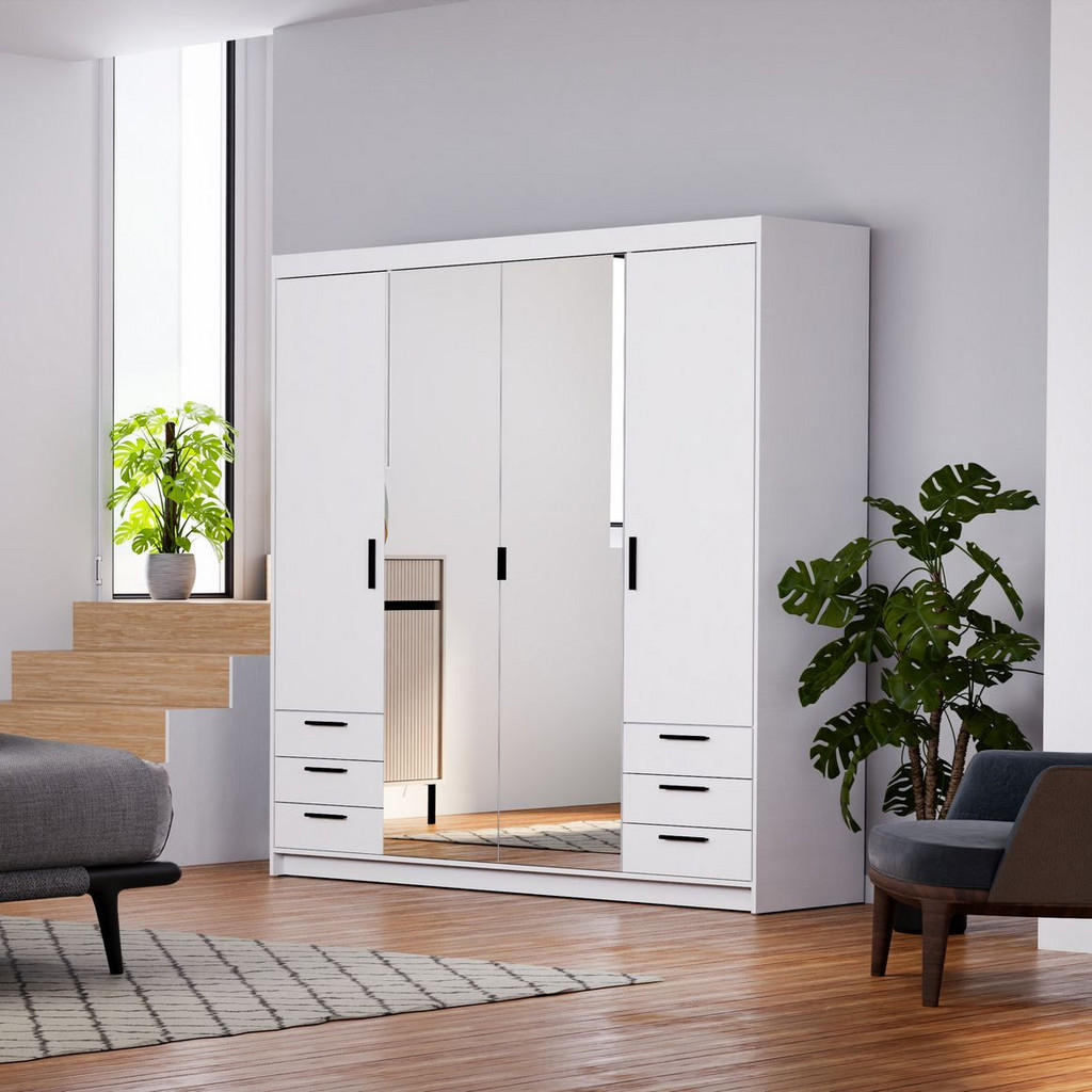 Thumbnail - Masseno Drehtürenschrank, Weiß, Holzwerkstoff, 9 Fächer, 6 Schubladen, Rechteckig, 176.3x190.5x53 cm, Schlafzimmer, Klei...
