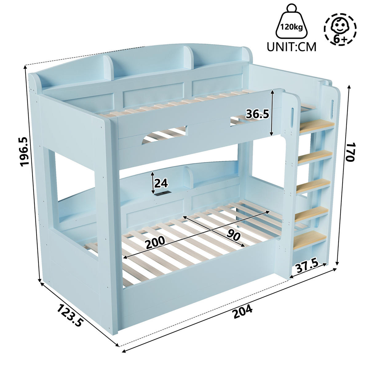 ETAGENBETT 90/200 cm in Hellblau mit USB-Steckdose und Ablagefächern - Blau, Holz (90/200cm) - Flora Grace