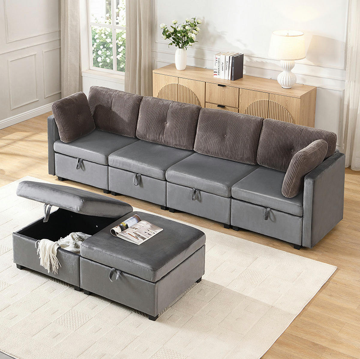 SOFA modular mit Stauraum ca. 261 x 132,5 cm Samt/Cord Antique Grey 6-teilig - Grau, Kunststoff (132.5/85/261cm) - Meubliv