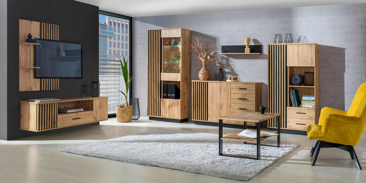 WANDPANEEL Lamelo Wotan eiche, mit Holz Regale - Schwarz/Braun, Holzwerkstoff (74/107/16cm) - Bettso