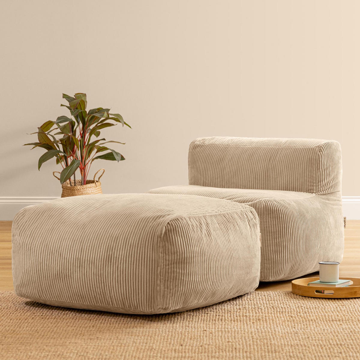 SITZSACK-SOFA 2-tlg.: Ecksessel, Fußstütze - Beige, Textil (185/46/95cm) - icon