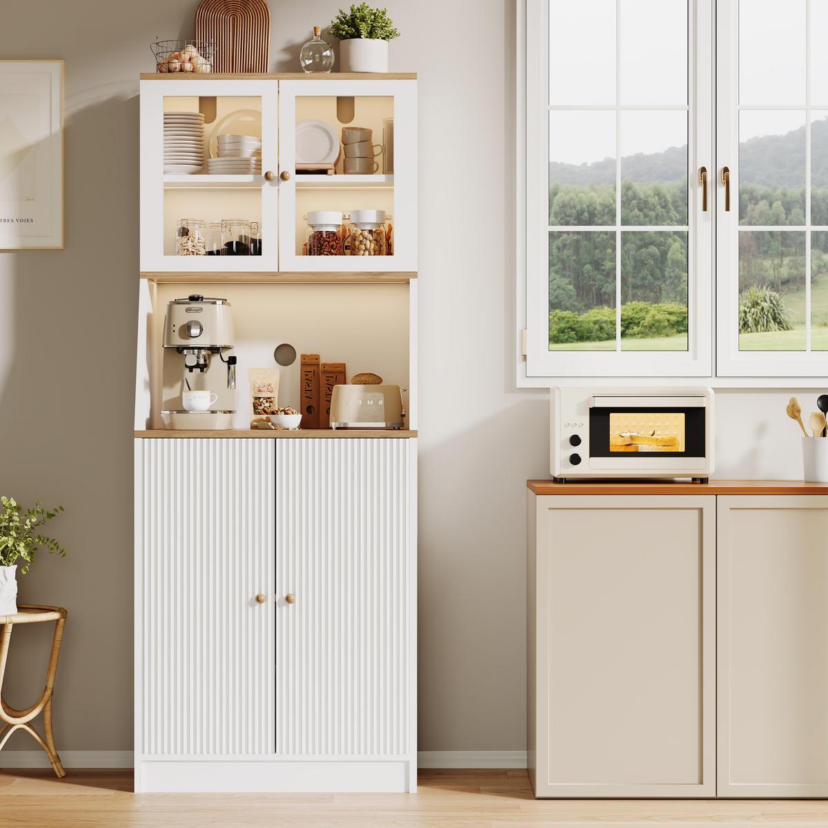 BUFFET hoch 40x70x180 cm LED Arbeitsplatte Stauraum weiß - Weiß, Holz (70/180/40cm) - LEBENLANG