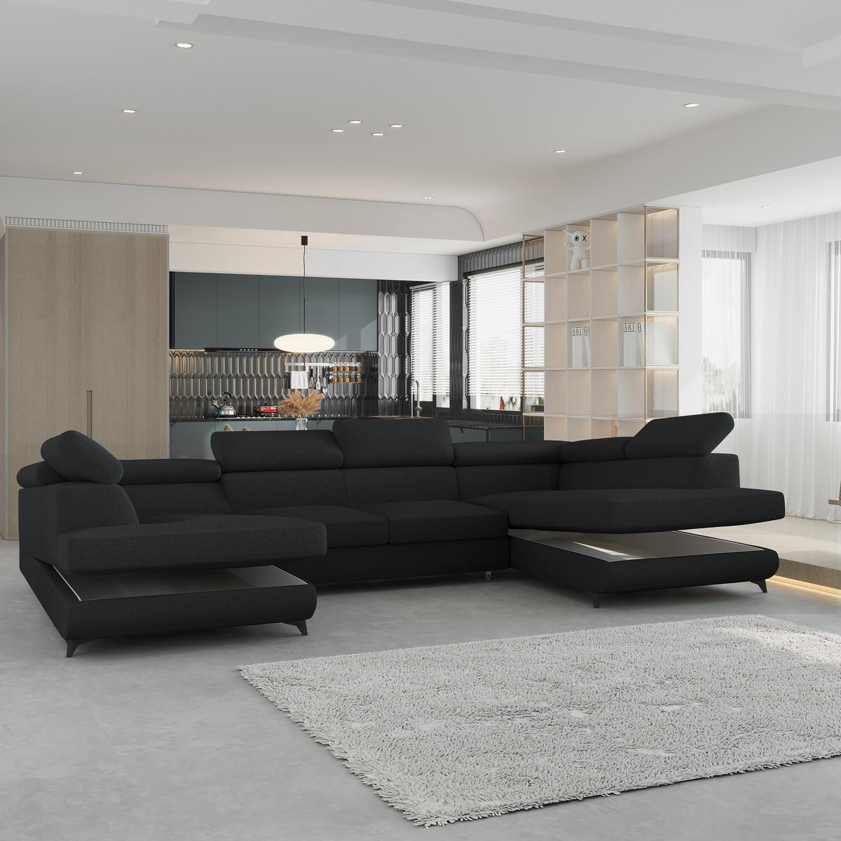 WOHNLANDSCHAFT VINTESSA Schwarz Boucle-Stoff mit Schlaffunktion - Schwarz, Holz (323/89/190cm) - MASSENO