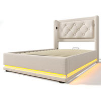 POLSTERBETT 90×200 cm aus Baumwoll-Stoff mit LED-Beleuchtung, USB-C-Anschluss und Matratze, beige - Beige, Textil (90/200cm) - Luhomfu