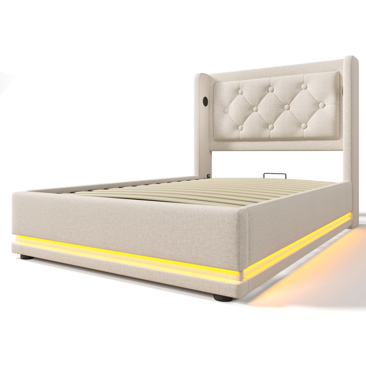 POLSTERBETT 90/200 cm Beige mit hydraulischem Stauraum und USB-Typ-C-Anschluss - Beige, Textil (90/200cm) - OKWISH