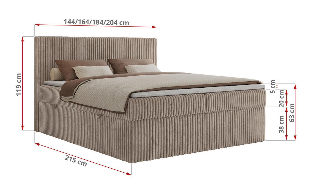 BOXBETT TILIANO 160/200 - Hellbraun Cord - H3 - Hellbraun, Textil (160/200cm)