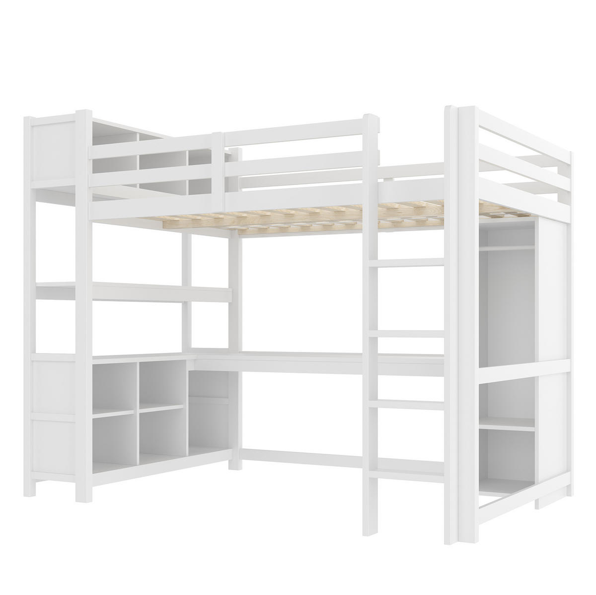 HOCHBETT 140/200 cm Weiß mit Matratze mit Schreibtisch und Regalen - Weiß, Holzwerkstoff (140/200cm) - OKWISH