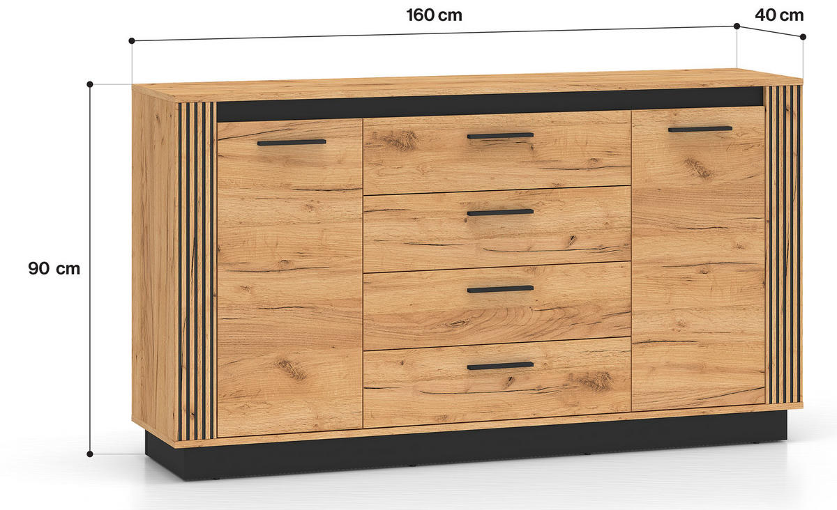 KOMMODE Urso Gold Craft Eiche / Schwarz 160 / 40 / 90 cm - Eichefarben/Schwarz, Holz/Holzwerkstoff (160/90/40cm) - Feldmann-Wohnen