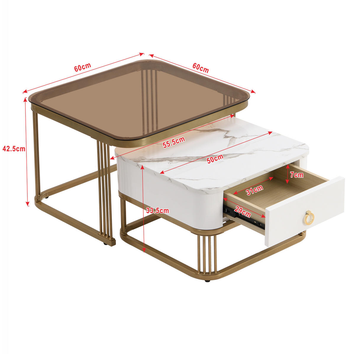 KONFERENČNÍ stolek sada 60/60/44,5 cm bílá a zlatá z MDF s zásuvkou - bílá, kompozitní dřevo (60/60/45cm) - OKWISH