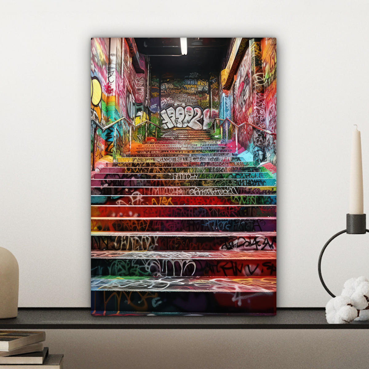 LEINWANDBILD Treppe - Graffiti - Farben - Kunst Deko Wohnzimmer 20x30 cm - Multicolor, Textil (20/30cm) - MuchoWow