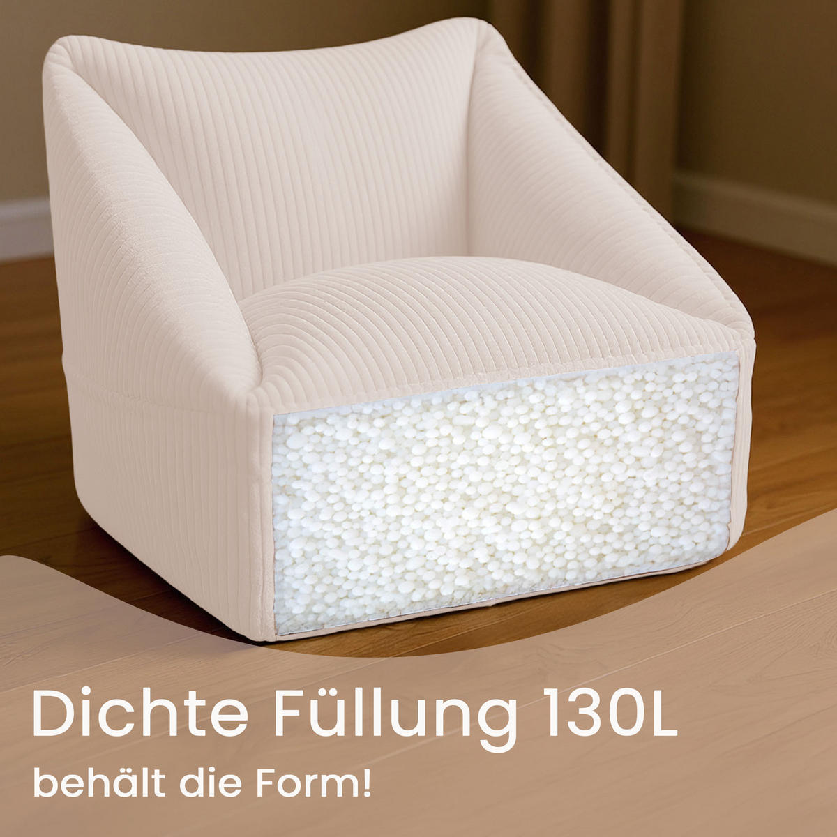 SITZSACK-SESSEL Bambino 55/60/55 cm, weicher Cord 380 g/m², mit Griff & Seitentasche, Creme - Creme, Textil (55/55/60cm) - Dreamroots