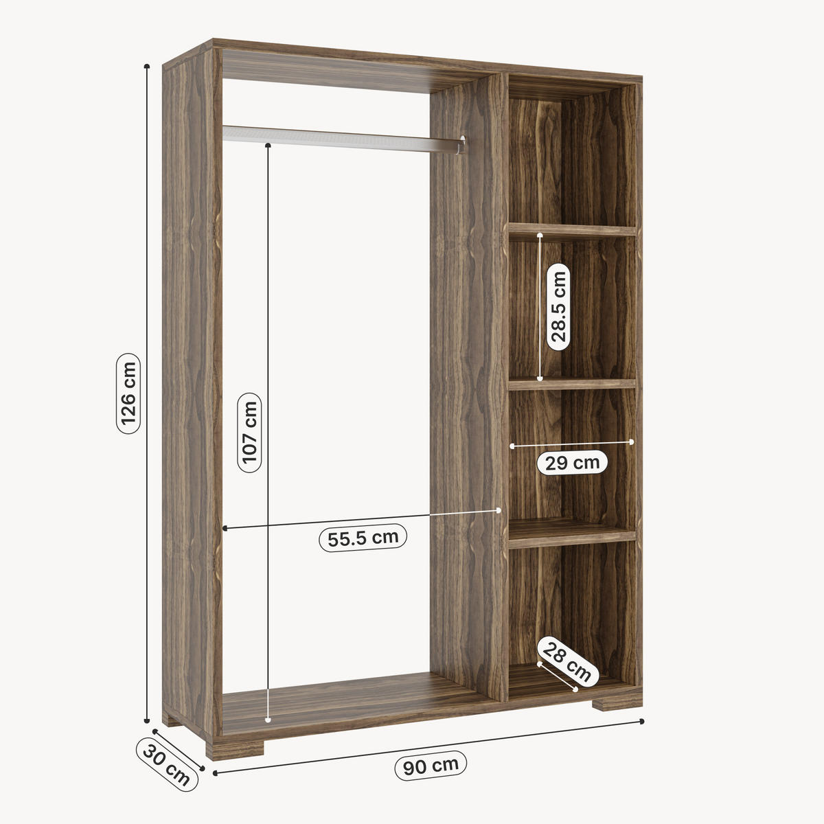 KLEIDERSCHRANK Nesbyen - Walnussfarben, Holzwerkstoff/Kunststoff (90/126/30cm) - [en.casa]