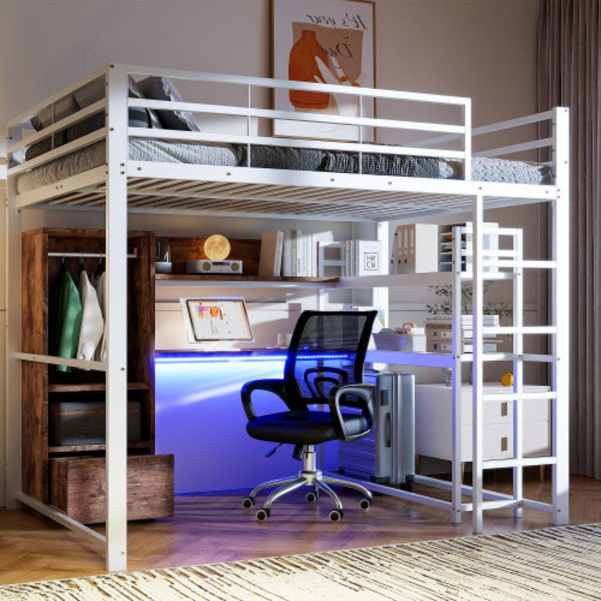 HOCHBETT 140 × 200 cm aus Metall und MDF mit Schreibtisch, Stauraumschublade und 16-Farben-LED-Leiste, weiß - Weiß, Holzwerkstoff - Luhomfu