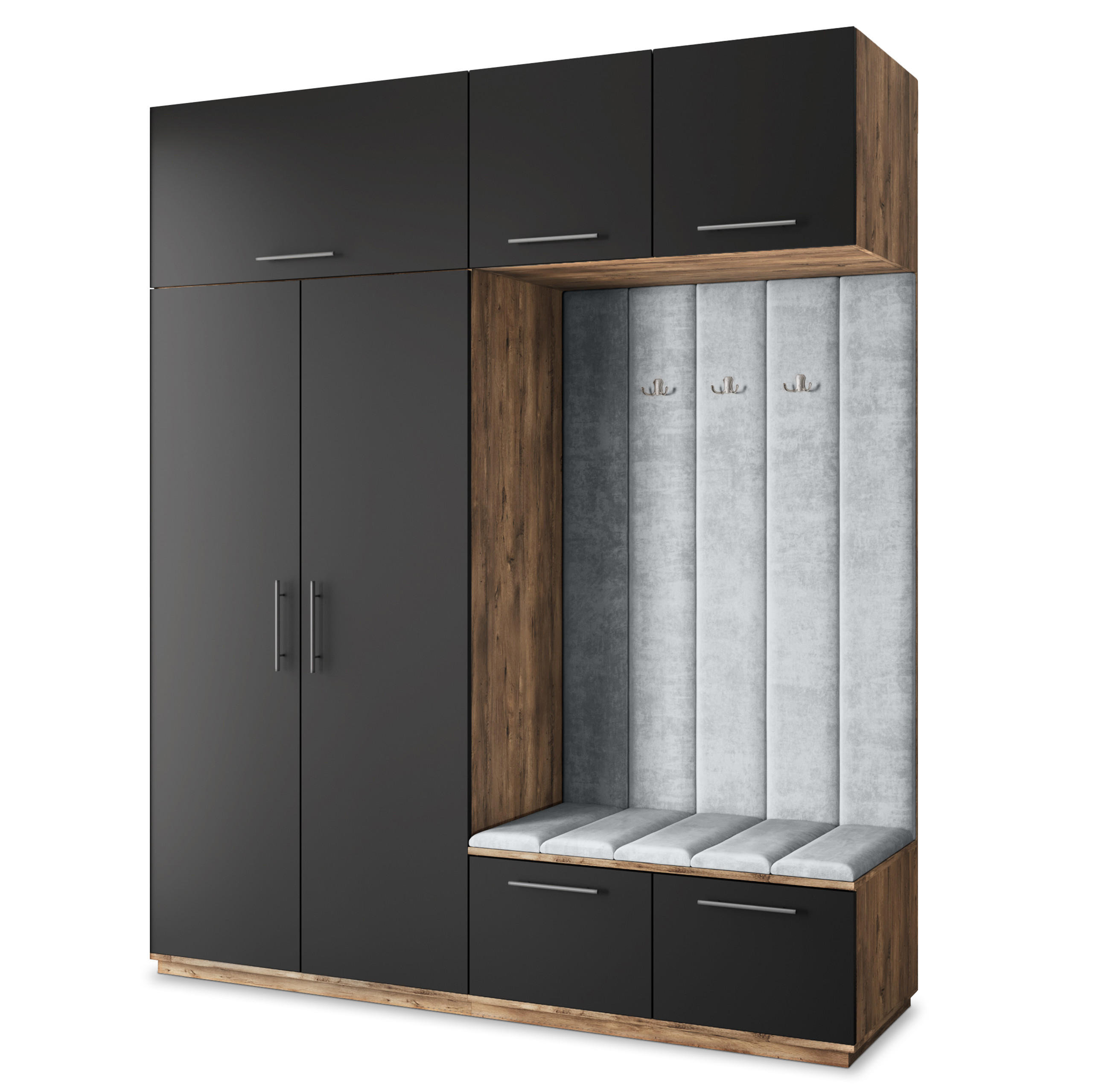 Masseno Garderobenschrank Eiche, Schwarz, Hellgrau 200x240x60 cm