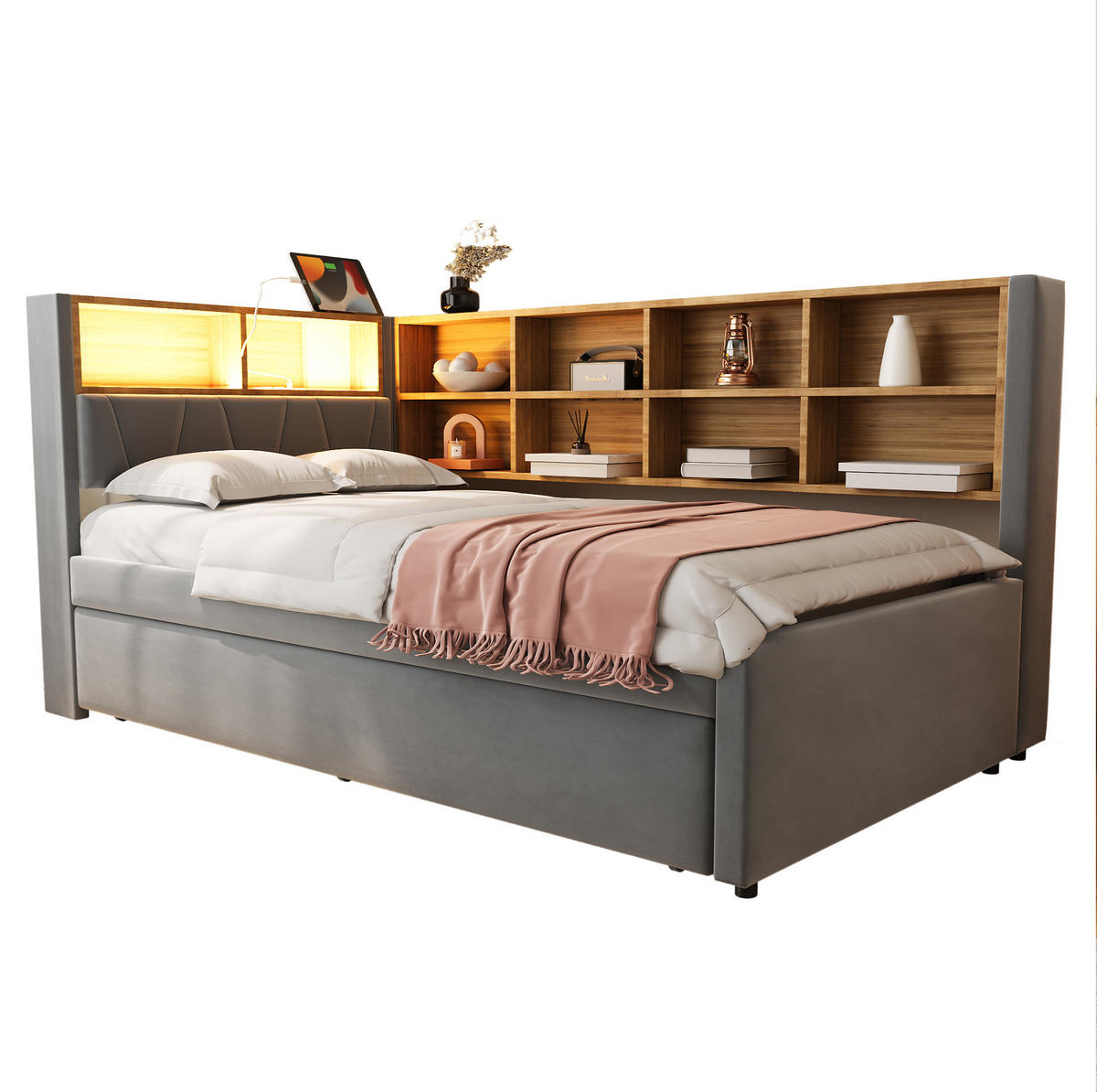 BETT 90/200 cm mit Ausziehbett, LED und Stauraum in Dunkelgrau - Dunkelgrau, Textil (90/190cm) - BEAOK