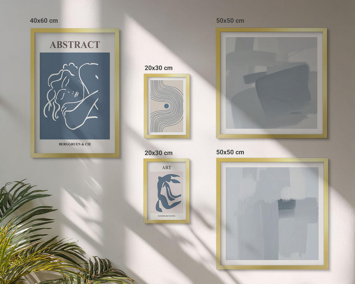 WANDBILDER 5er Set - 50x50 cm & 20x30 cm & 40x60 cm Goldrahmen - Poster mit abstrakten Linien und Wellen - Goldfarben, Kunststoff (40/60cm) - ArtPrintCave