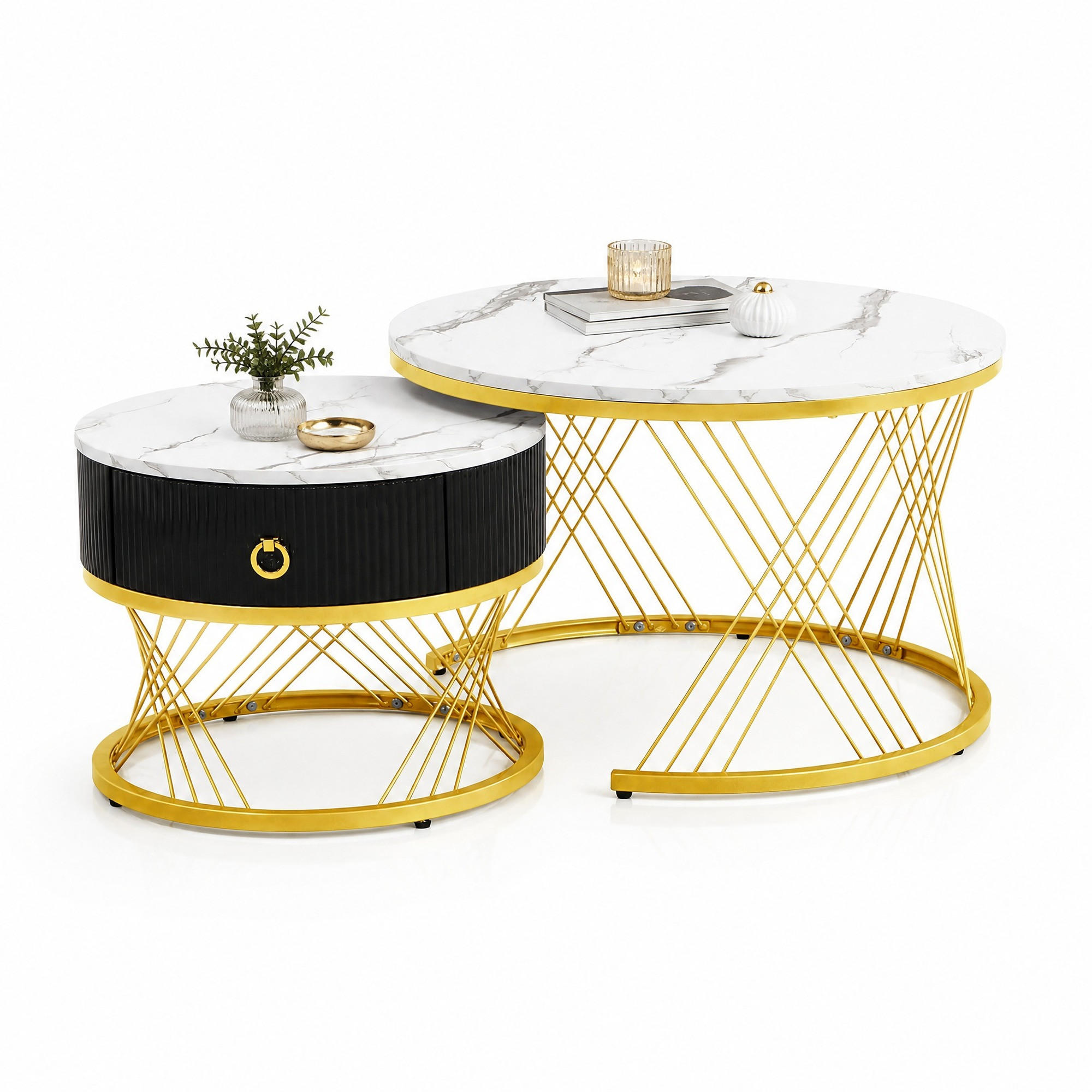COUCHTISCH-SET aus MDF 70x70x45 cm Weiß-Gold mit Schublade und verstellbaren Füßen - Weiß, Holzwerkstoff (70/70/45cm) - IVMEU
