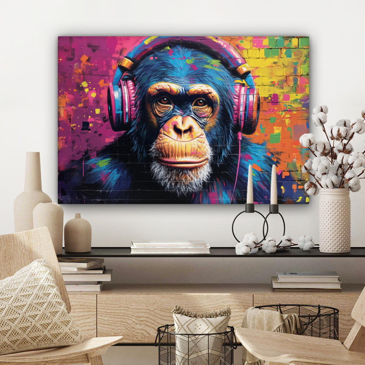 LEINWANDBILD Graffiti - Schimpanse - Straßenkunst - Kopfhörer - Affe Gemälde 60x40 cm - Blau, Textil (60/40cm) - MuchoWow