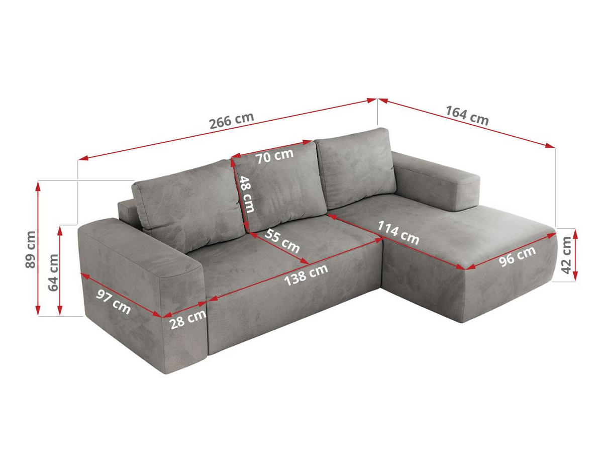 ECKSOFA TRENTINO L Hellgrau Velvet - Links - Hellgrau/Schwarz, Textil (266/164cm) - MKS