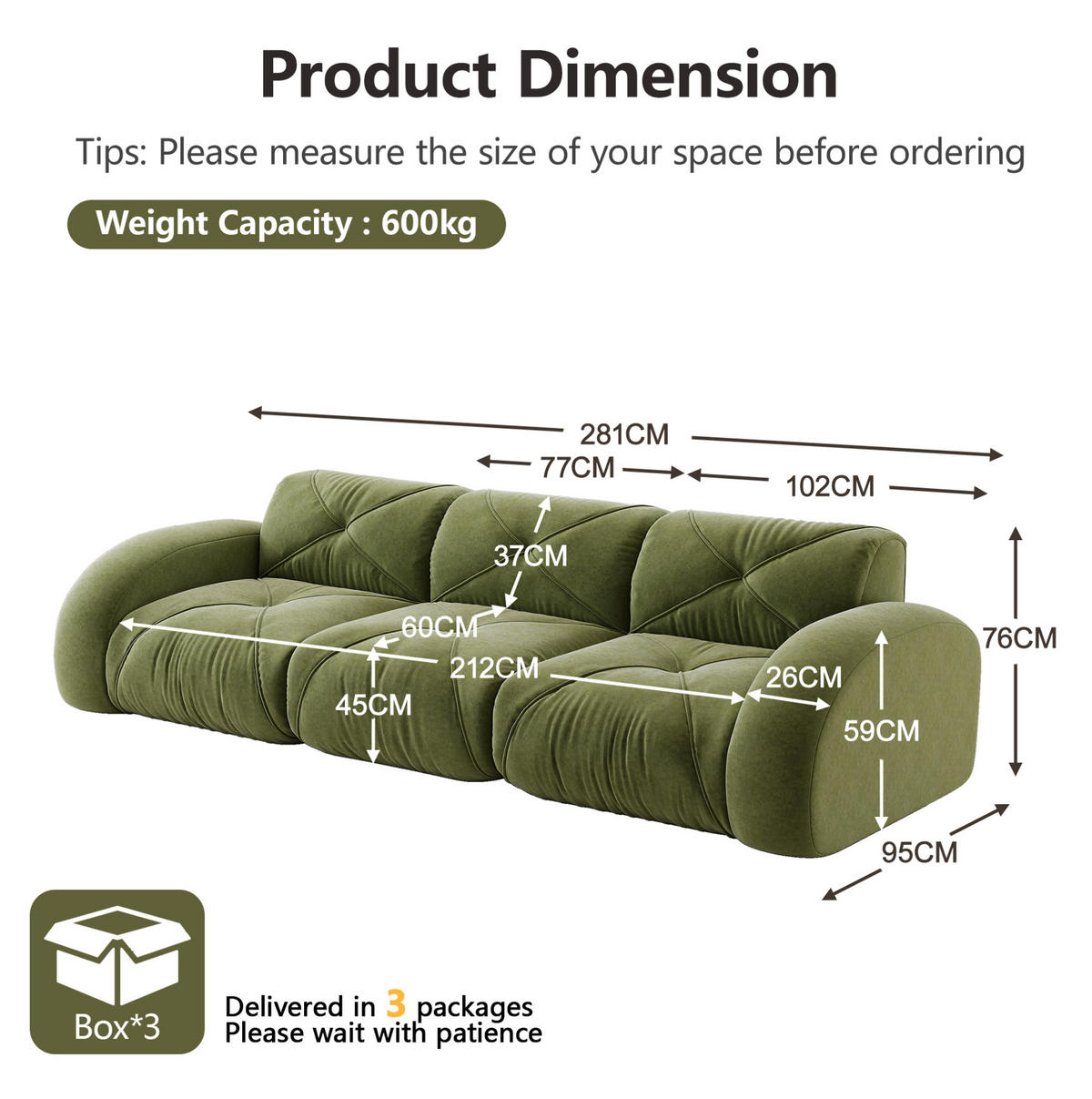 ECKSOFA 281/95/76 cm grün aus Chenille mit flexiblem System - Grün, Textil (95/281cm) - OKWISH