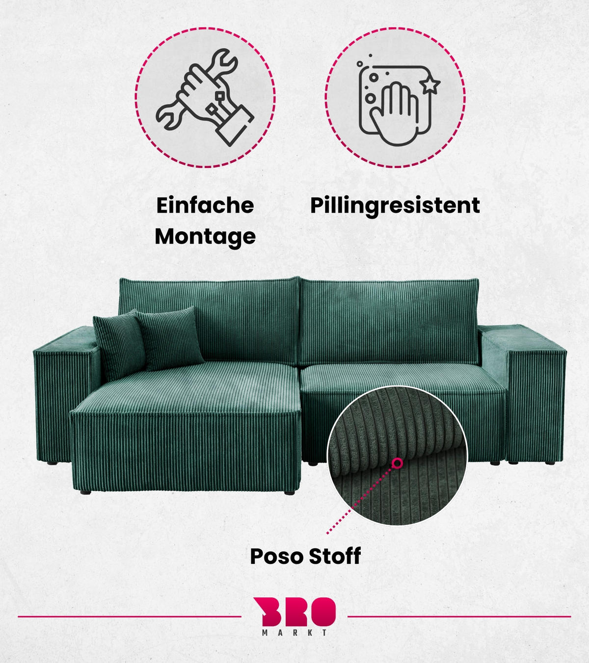 ECKSOFA Pedro mit Schlaffunktion Grün Cord - Grün, Textil (255/153cm) - Bromarkt