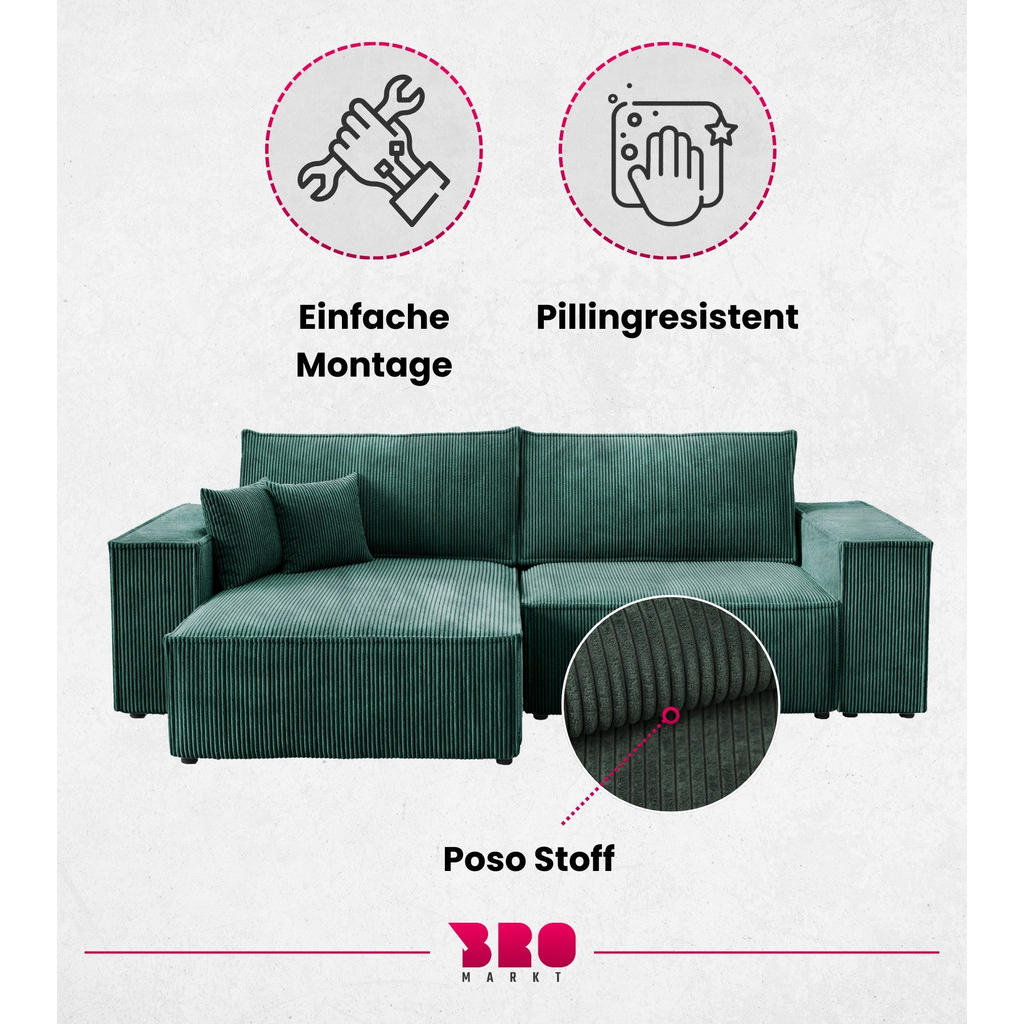 Thumbnail - Bromarkt Ecksofa, Grün, Textil, 3-Sitzer, L-Form, 255x153 cm, Wohnzimmer, Sofas & Couches, Wohnlandschaften, Ecksofas