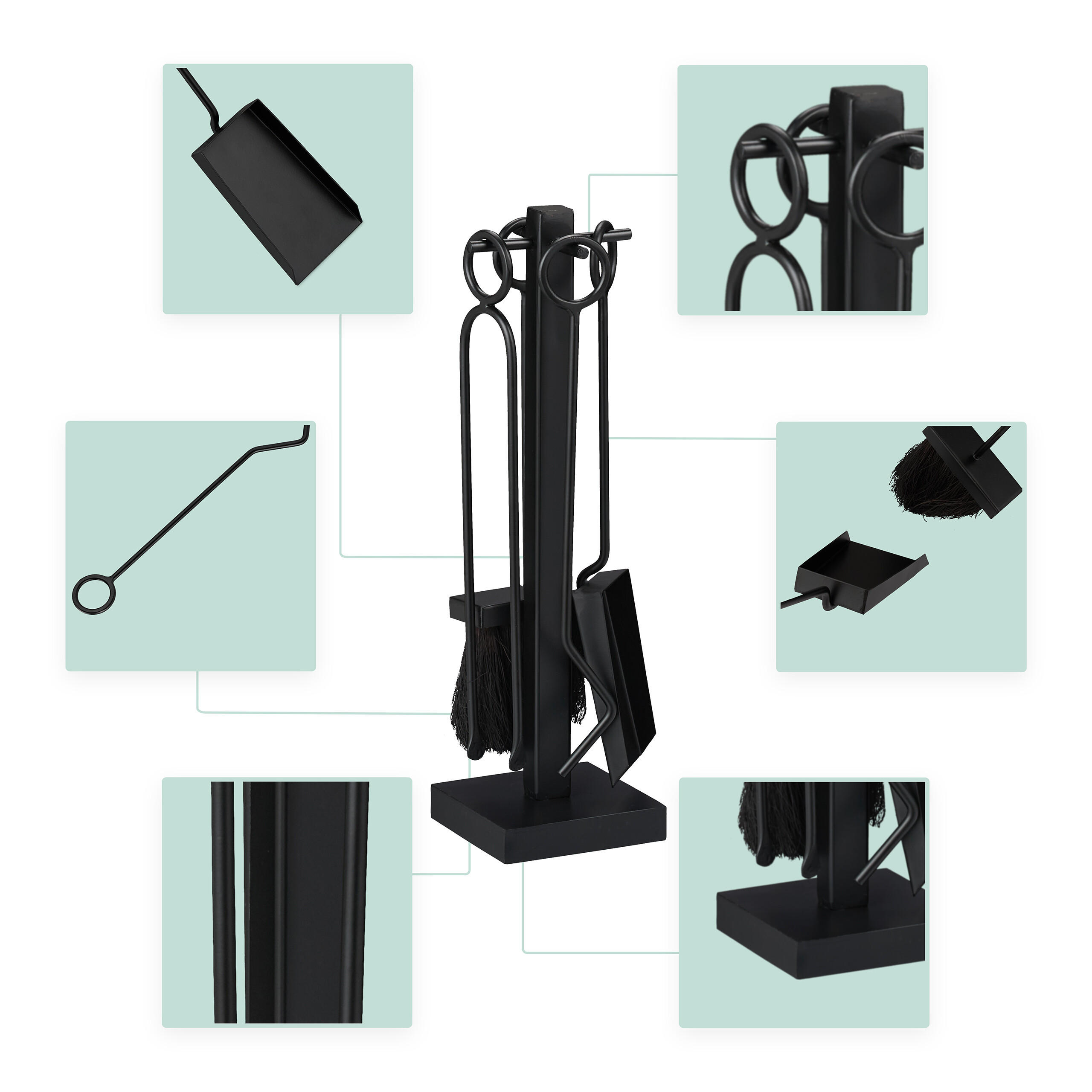 KAMINBESTECK-SET 5-tlg. - Schwarz, Textil/Metall (11.5/40.5/11.5cm) - Relaxdays