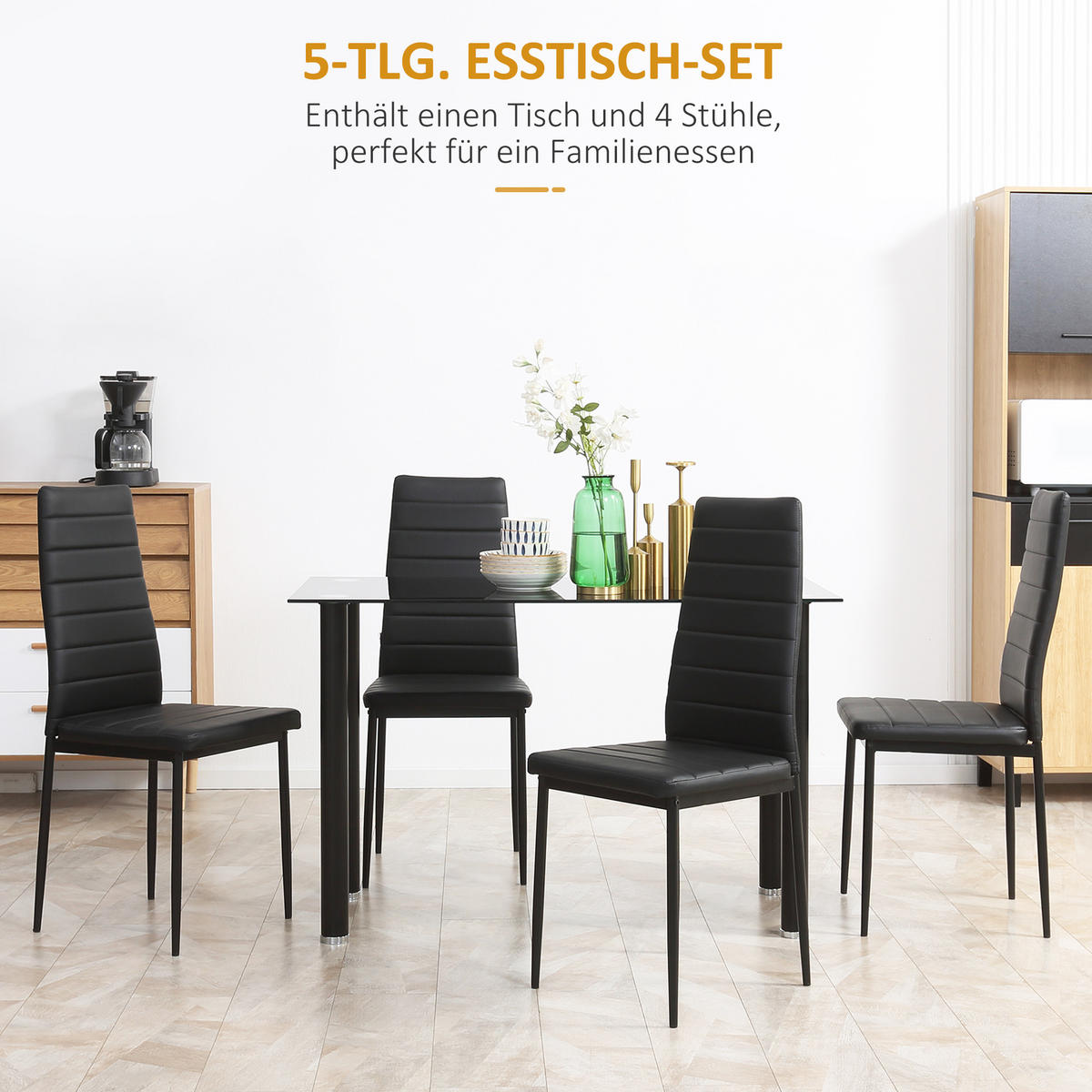 5-TLG. Essgruppe, Esstisch mit 4 Stühlen, Küchentisch mit Hartglasplatte Schwarz - Schwarz, Kunststoff (60/97/120cm) - HOMCOM