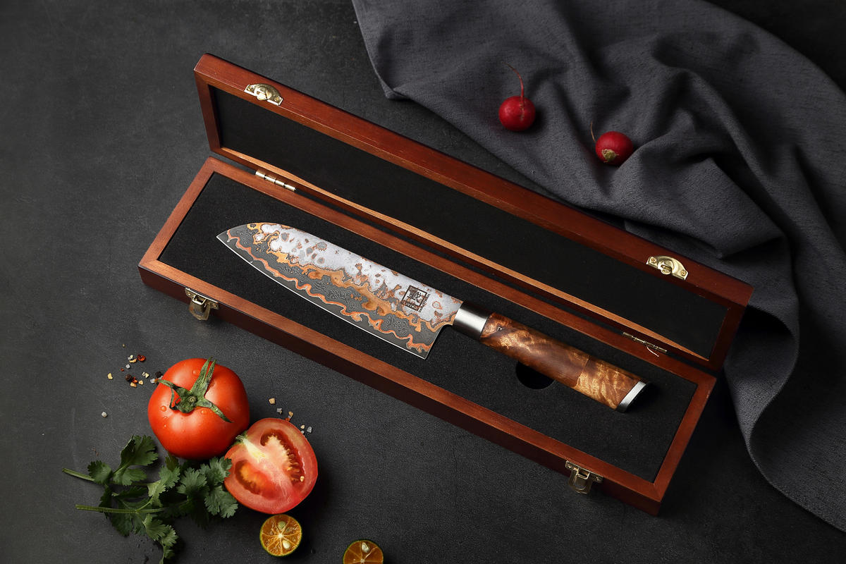 SANTOKU-MESSER MysticMagma Damast - Braun, Holz/Metall (31cm) - Zayiko