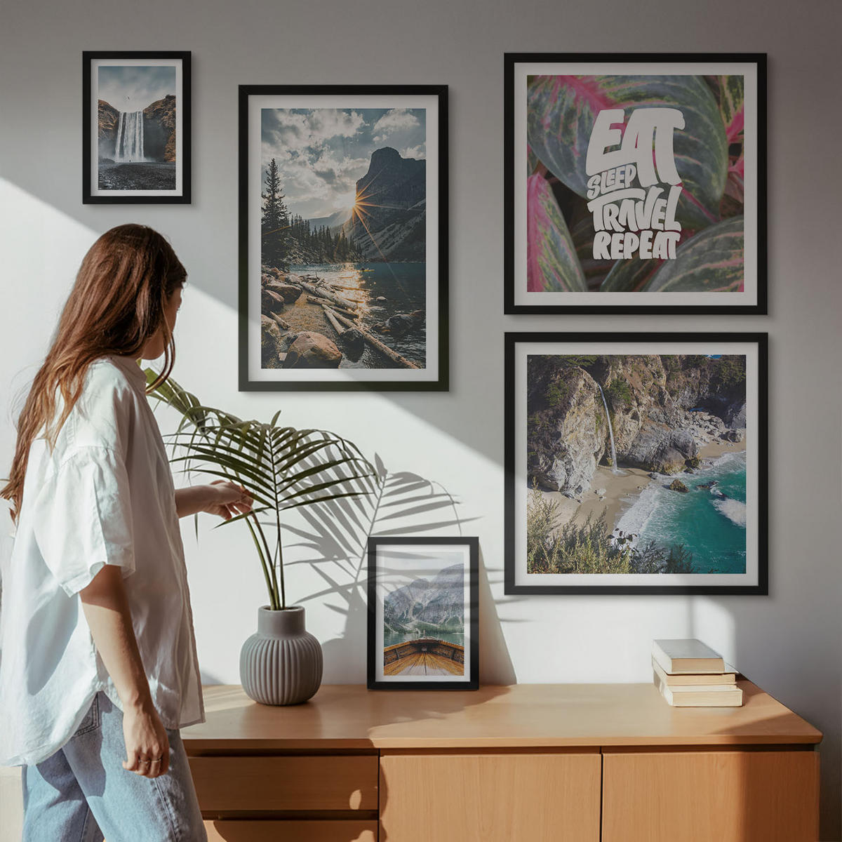 WANDBILDER 5er-Set - 50x50 cm & 20x30 cm & 40x60 cm Schwarzer Rahmen - Wasserfall Bergreise Natur - Schwarz, Kunststoff (40/60cm) - ArtPrintCave