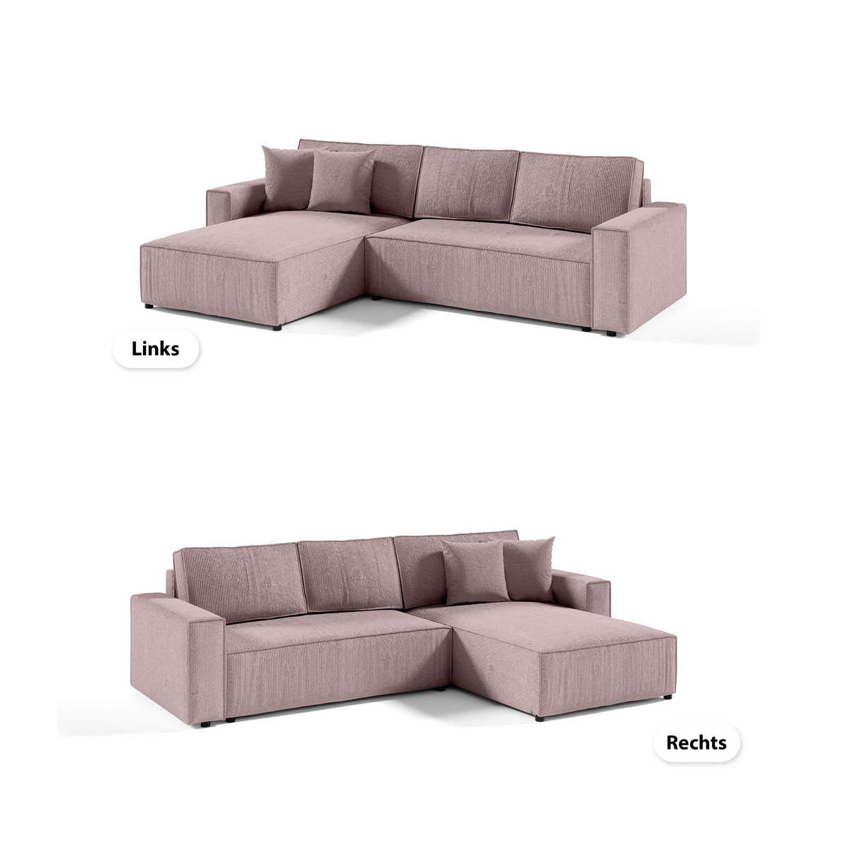 ECKSOFA Couch Sofagarnitur Sekwana L-form Rosa - Pink, Naturmaterialien (294/185cm) - Fedve