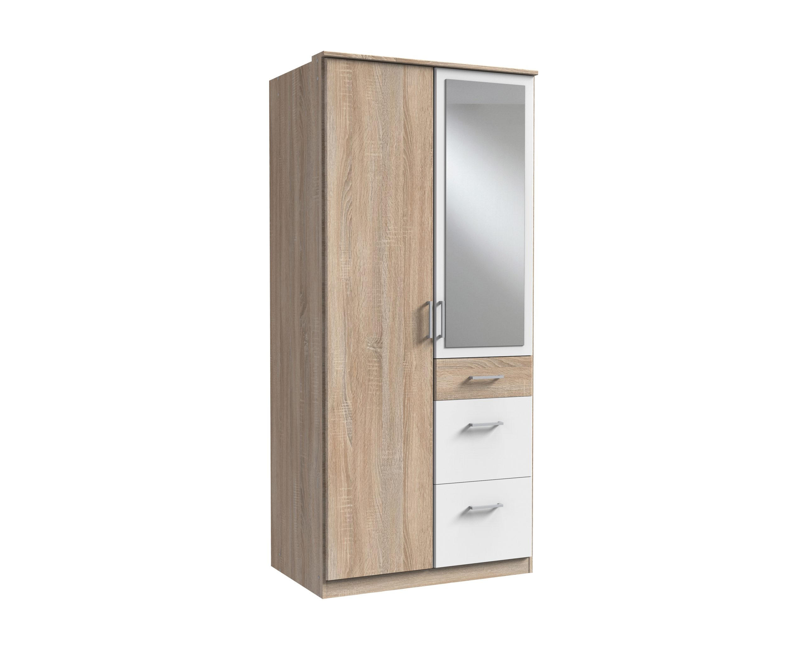 DREHTÜRENSCHRANK Click in Eiche Sägerau mit Weiß - 91 cm Breite mit Spiegel - Braun, Holzwerkstoff (91/199/58cm)