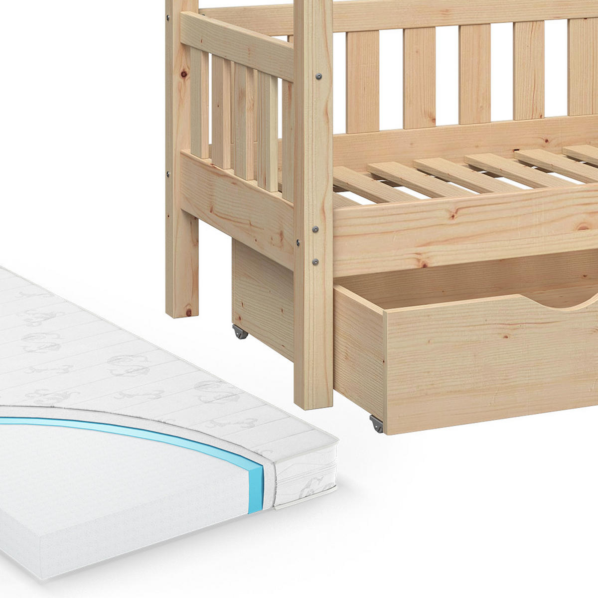 HAUSBETT Design Naturholz 70x140 cm mit Schublade und Matratze - Naturfarben, Holz (70/140cm) - VitaliSpa