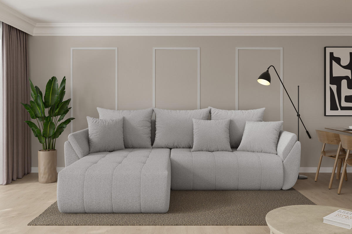 ROHOVÁ SEDAČKA s funkcí spaní, otoman vlevo TOKO-L 277x194x86 světle šedá bouclé - černá/stříbrná, kompozitní dřevo/textil (277/194cm) - ALTDECOR