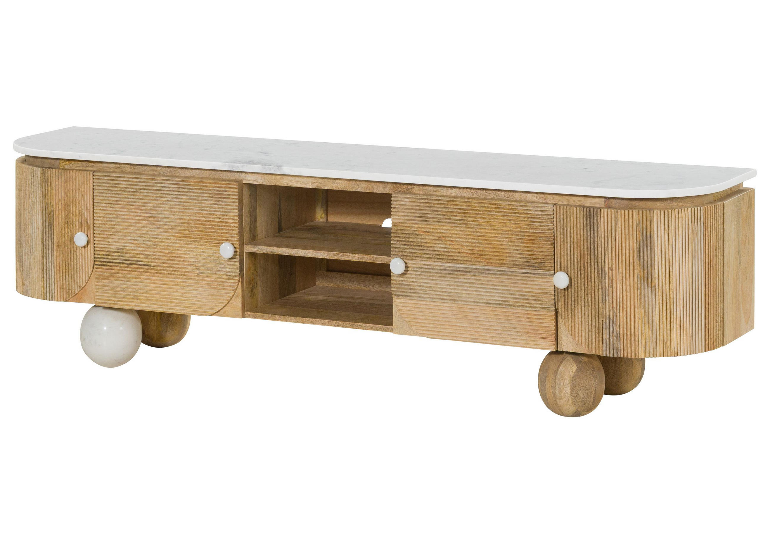 TV-BOARD Mango 180x40x50 natur lackiert / Marmor weiß FLORENZ #100 - Naturfarben, Holz (180/50/40cm) - Massivmoebel24