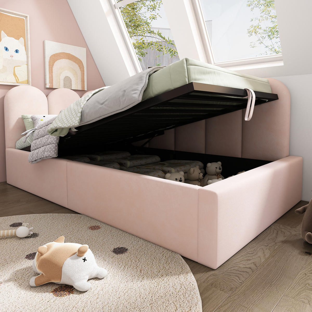 KINDERBETT Polsterbett 90/200 cm aus Samt mit hydraulischem Stauraum Rosa - Pink, Textil (90/200cm) - Modenvie