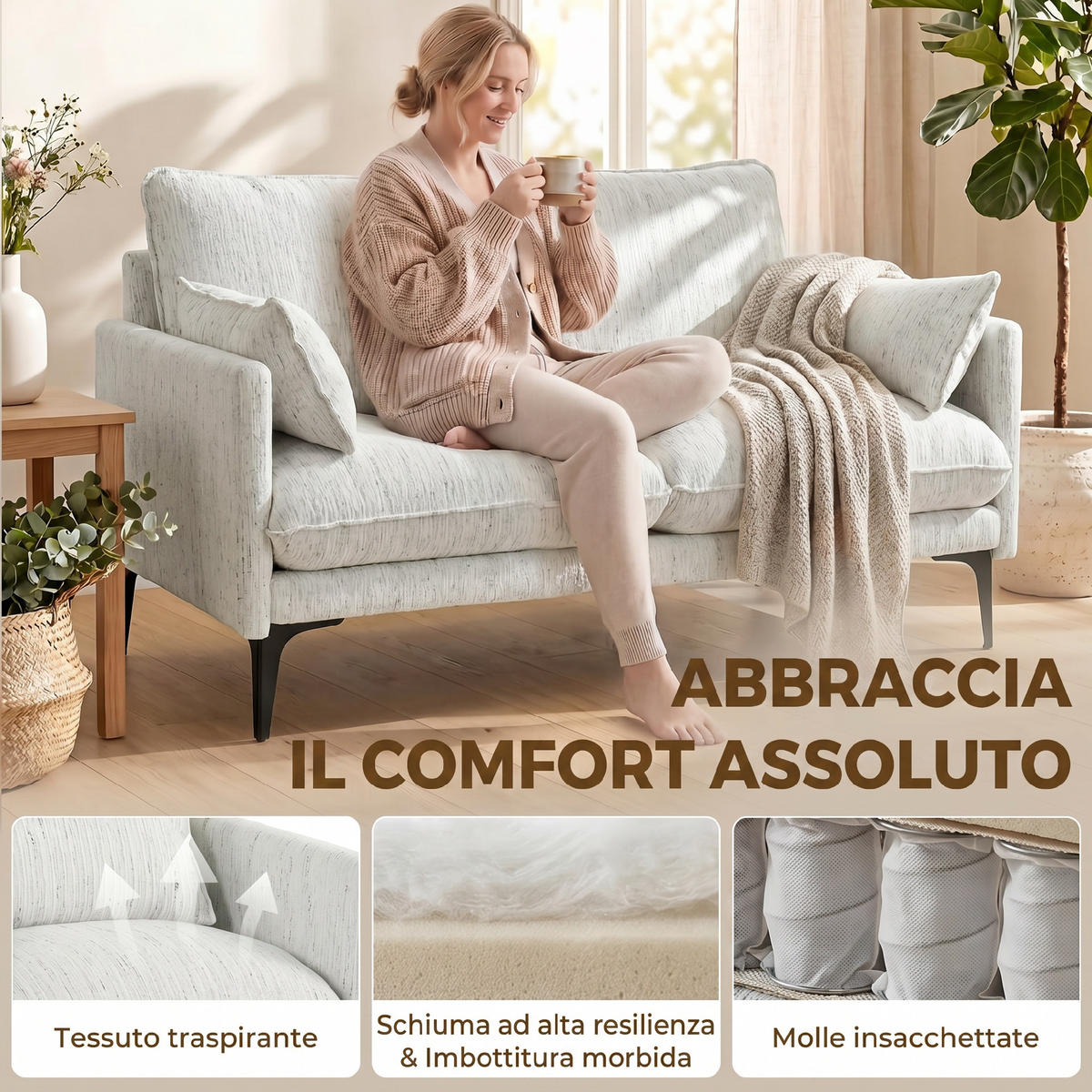 SOFA, 2-Sitzer, Stoff, Armlehnen, 2 Kissen, weiß, 131x78x83cm - Multicolor, Holzwerkstoff (131/83/78cm) - FORIOUS