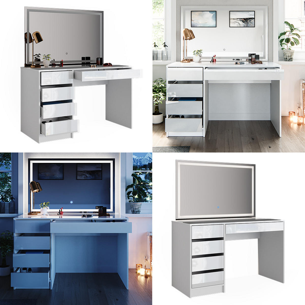 SCHMINKTISCH Sherry Weiß 120 cm mit LED Beleuchtung - Weiß Hochglanz, Holzwerkstoff (120/75/55cm) - Vicco
