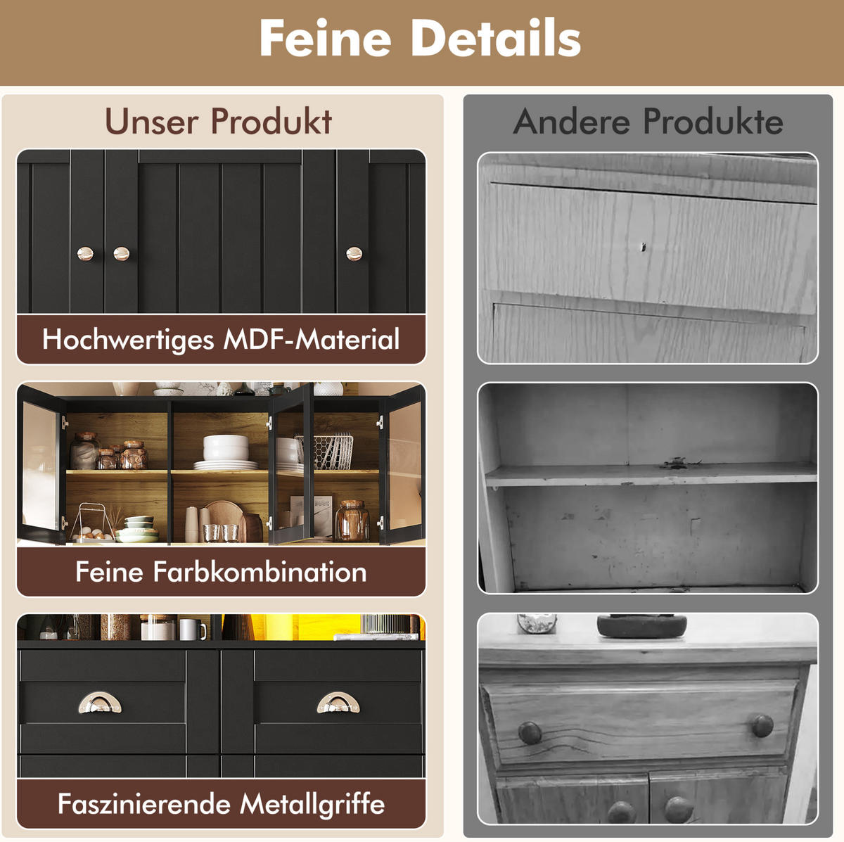 BUFFET 140/175/40 cm Schwarz aus MDF mit LED-Beleuchtung - Schwarz, Holzwerkstoff (40/175/140cm) - OKMYHOME