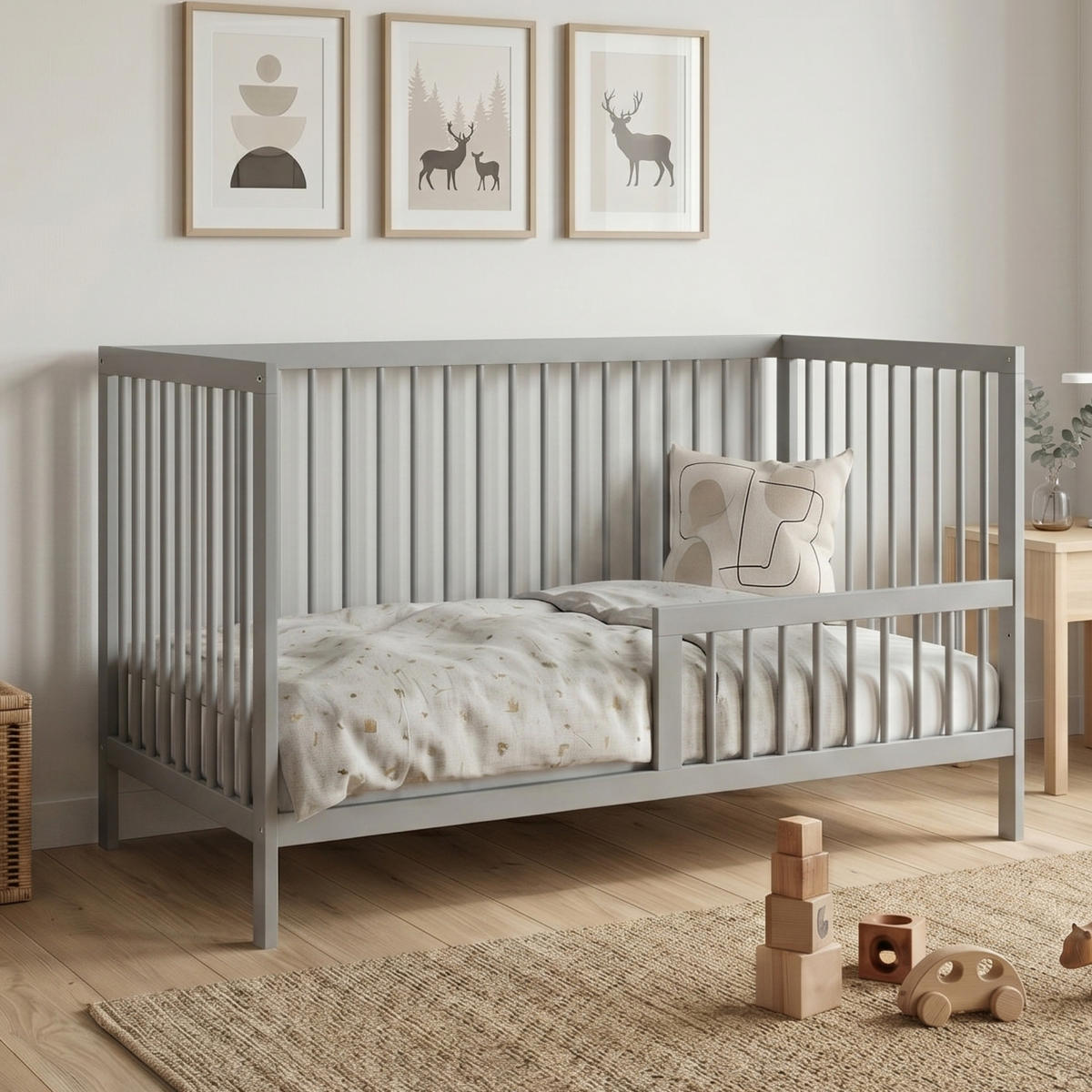 BABYPOSTÝLKA s poloviční boční zábranou 60x120 cm v šedé barvě - šedá, dřevo (60/120cm) - Kids Collective