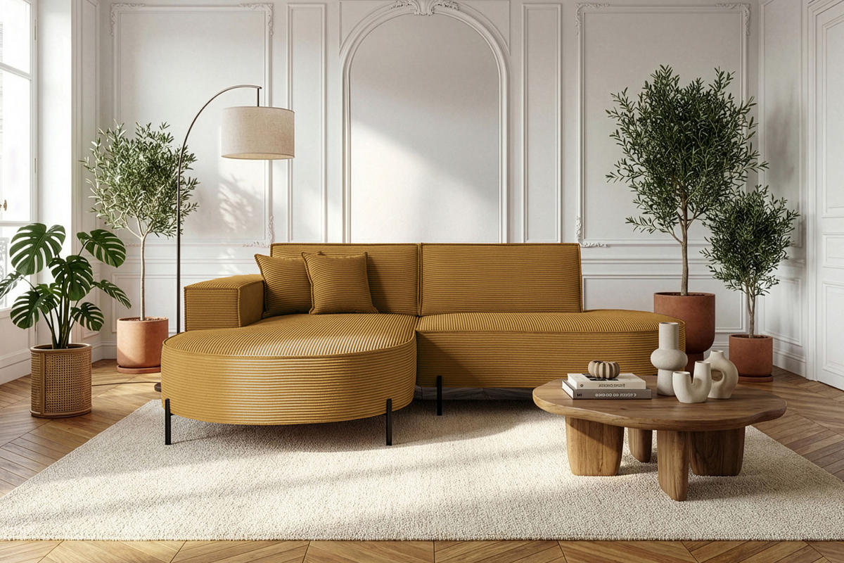 ECKSOFA Hana Loft 3-Sitzer Ecke Links, Cordstoff Chenille, Senf 241/80/168 cm - Dunkelgelb/Schwarz, Textil/Metall (241/168cm) - WFL GROUP