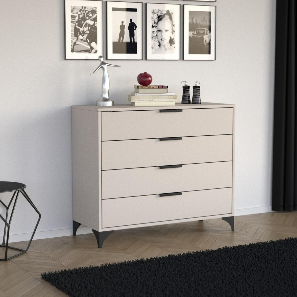 KOMMODE Home mit 4 Schubladen, 100 cm, mit Griffen, Kaschmir - Kaschmir/Schwarz, Holzwerkstoff (80/85/40cm) - Beautysofa
