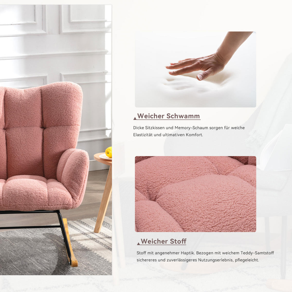 SCHAUKELSTUHL 80/70/95 cm in Rosa aus Teddystoff mit Holz-Kufen - Rosa, Textil (70/95/80cm) - Flora Grace
