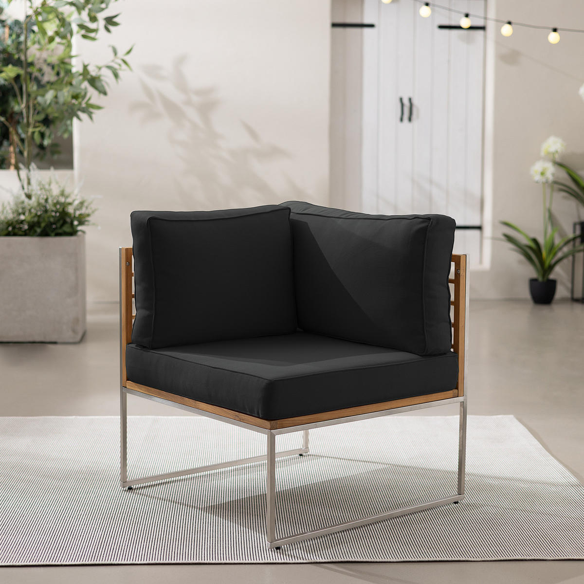 LOUNGEECKE - Webstoff / Teak massiv - Anthrazit, Holz/Textil (70/74/70cm) - home24