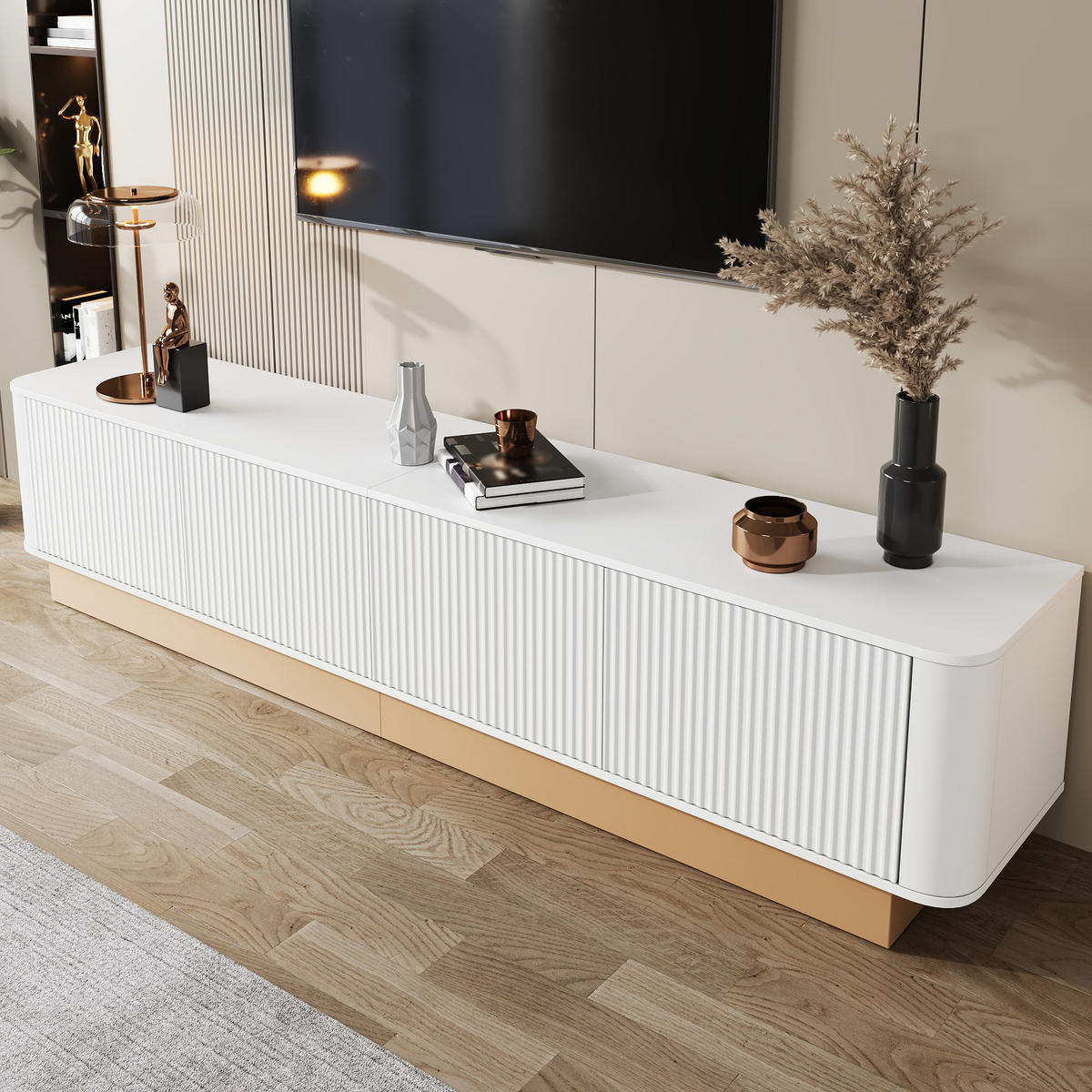 TV-LOWBOARD 200 cm geriffelt 4 Türen - Weiß, Holz (200/47.5/40cm) - LEBENLANG