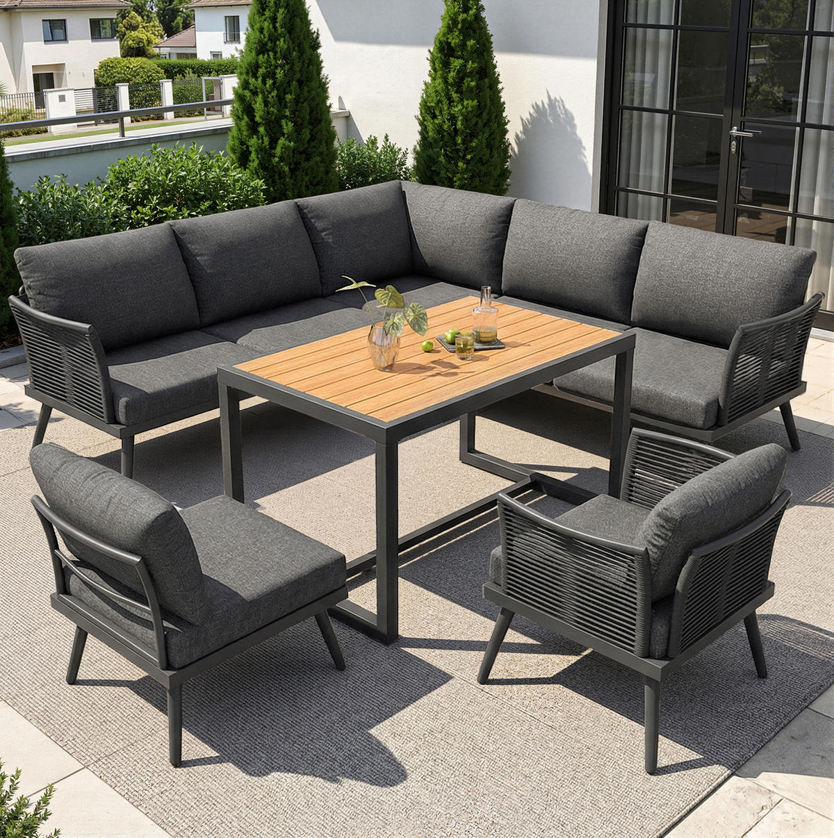 GARTENSETS aus Eisen Grau mit Couchtisch & abziehbaren Bezügen - Grau, Metall - Modfu